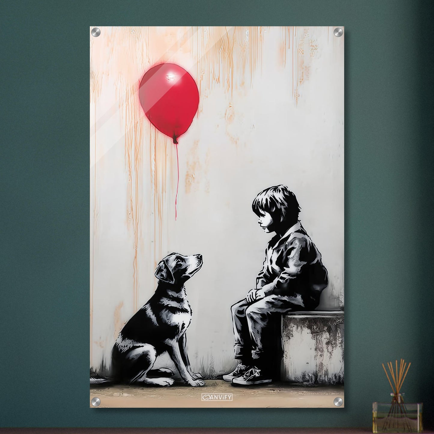 Junge sitzt mit einem Hund und ein roter Luftballon schwebt über dem Hund im Stil von Banksy auf einem Acrylbild
