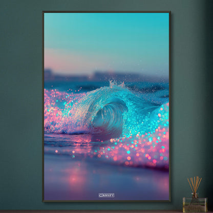Abstrakte Blaue und Pinke Wellen auf einem Poster im Metallrahmen