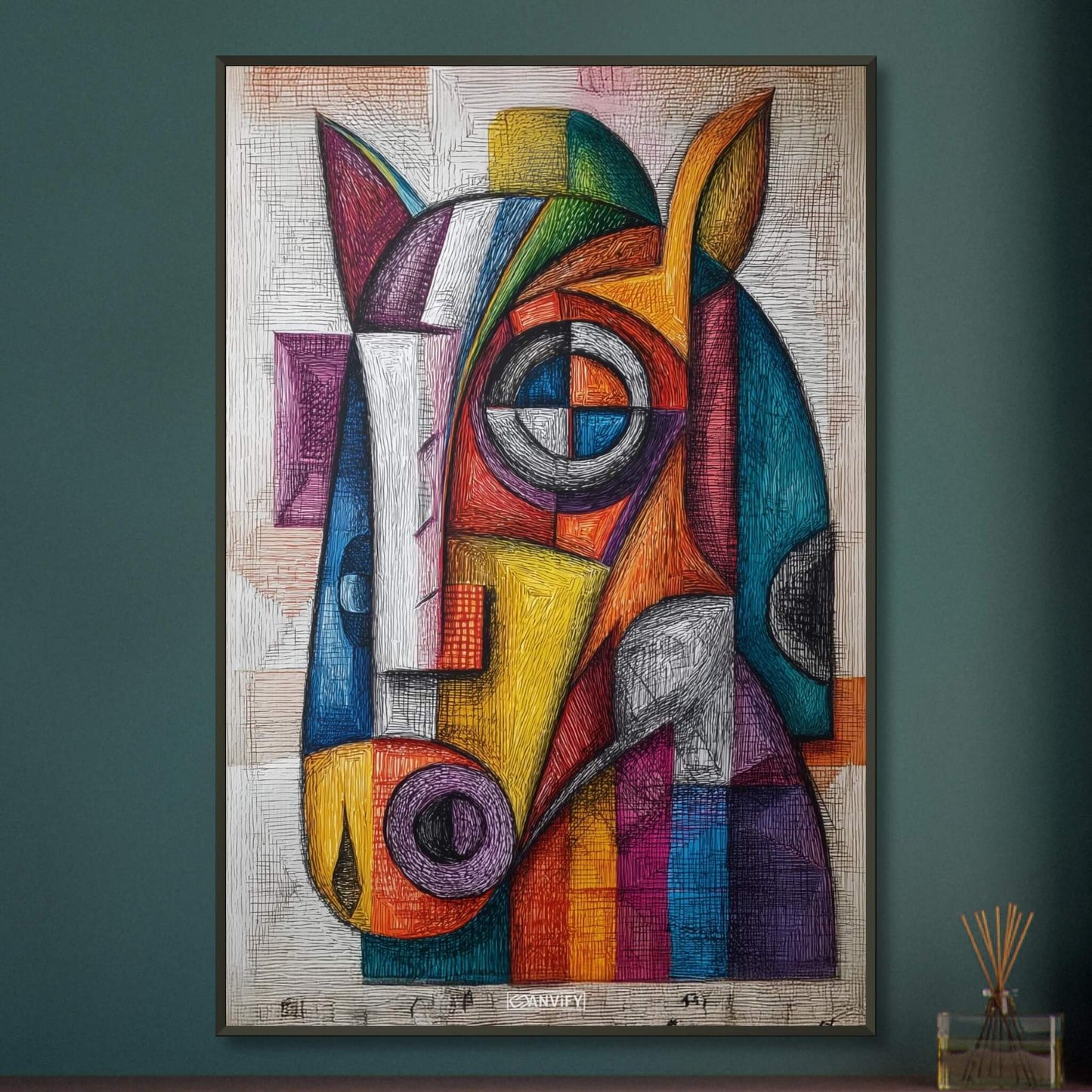 Abstraktes Pferd im kubistischen Stil auf einem Poster im Metallrahmen