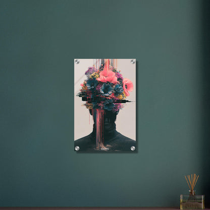 Abstraktes Blumenporträt im Glitch-Art-Stil auf einem Acrylbild