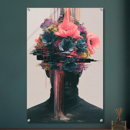 Abstraktes Blumenporträt im Glitch-Art-Stil auf einem Acrylbild