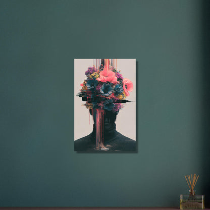 Abstraktes Blumenporträt im Glitch-Art-Stil auf Aluminium