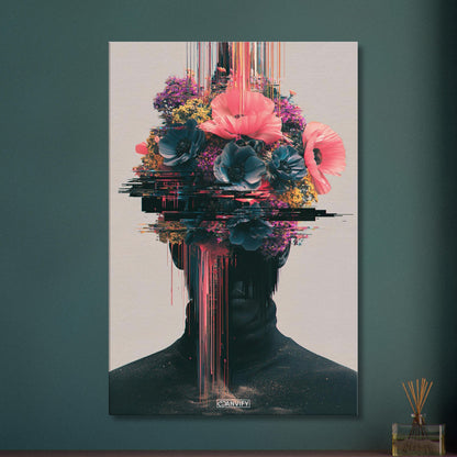 Abstraktes Blumenporträt im Glitch-Art-Stil auf einer Leinwand