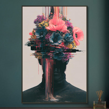 Abstraktes Blumenporträt im Glitch-Art-Stil auf einem Poster im Metallrahmen