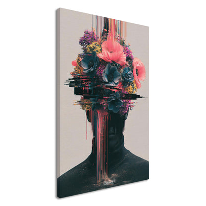 Abstraktes Blumenporträt im Glitch-Art-Stil auf einer Leinwand