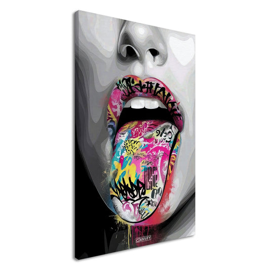 Abstrakter Graffiti Street Art Mund mit bunten Farben im Banksy Stil auf einer Leinwand