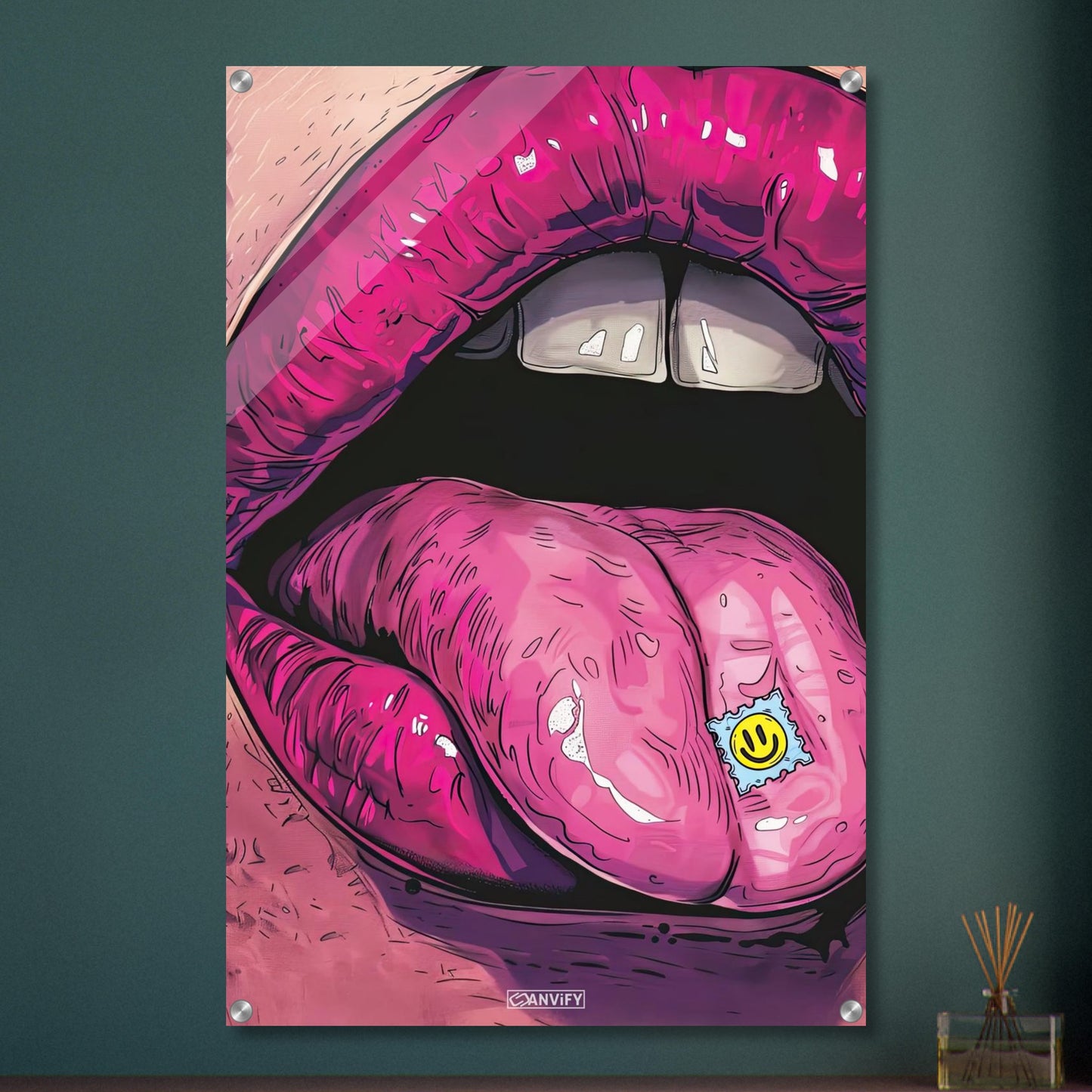 Sexy abstrakter offener Frauenmund mit Pille auf der Zunge im Cartoon Stil auf einem Acrylbild