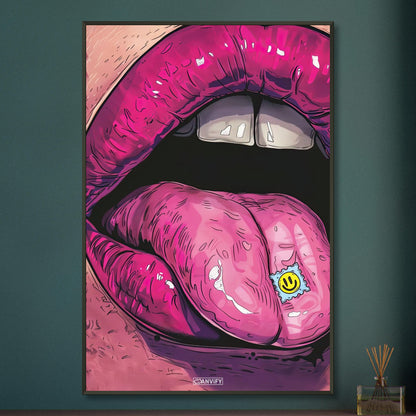 Sexy abstrakter offener Frauenmund mit Pille auf der Zunge im Cartoon Stil auf einem Poster im Metallrahmen