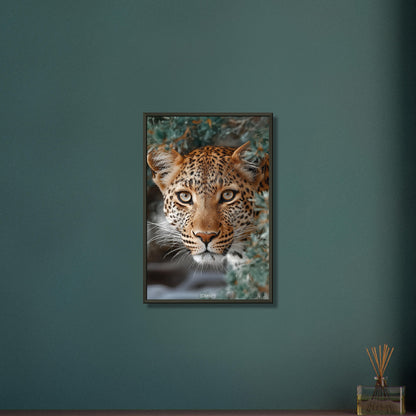 Nahaufnahme eines afrikanischen Leoparden auf einem Poster im Metallrahmen