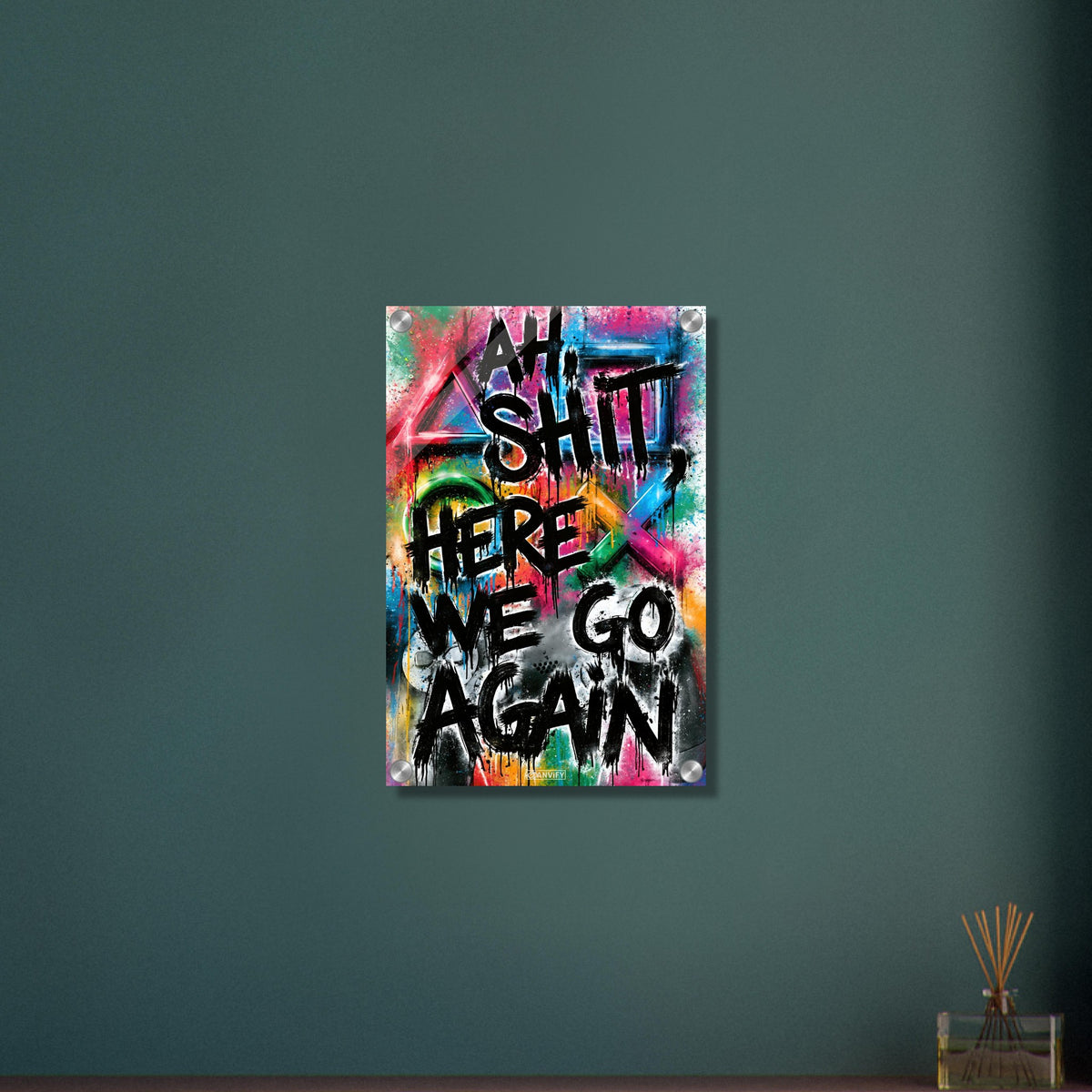 Playstation Symbole und Controller in Bunten Farben mit einem Spruch 'Ah Shit Here We Go Again' im Graffiti Street Art Stil auf einem Acrylbild