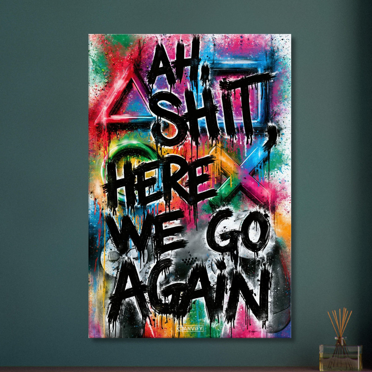Playstation Symbole und Controller in Bunten Farben mit einem Spruch 'Ah Shit Here We Go Again' im Graffiti Street Art Stil auf einer Leinwand