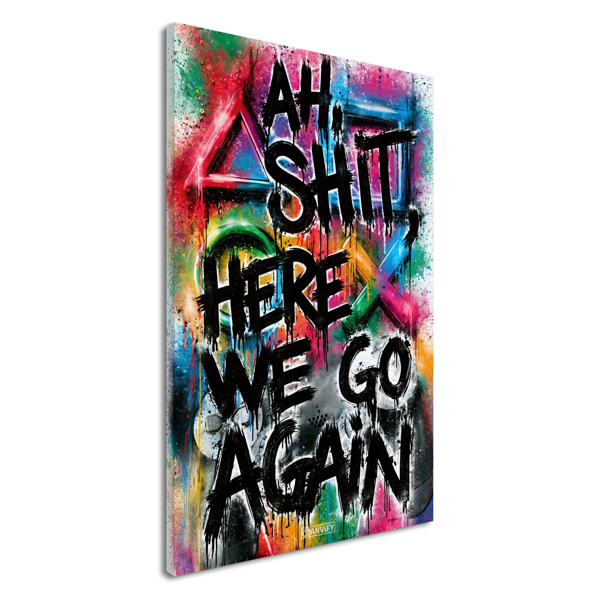 Playstation Symbole und Controller in Bunten Farben mit einem Spruch 'Ah Shit Here We Go Again' im Graffiti Street Art Stil auf einer Leinwand