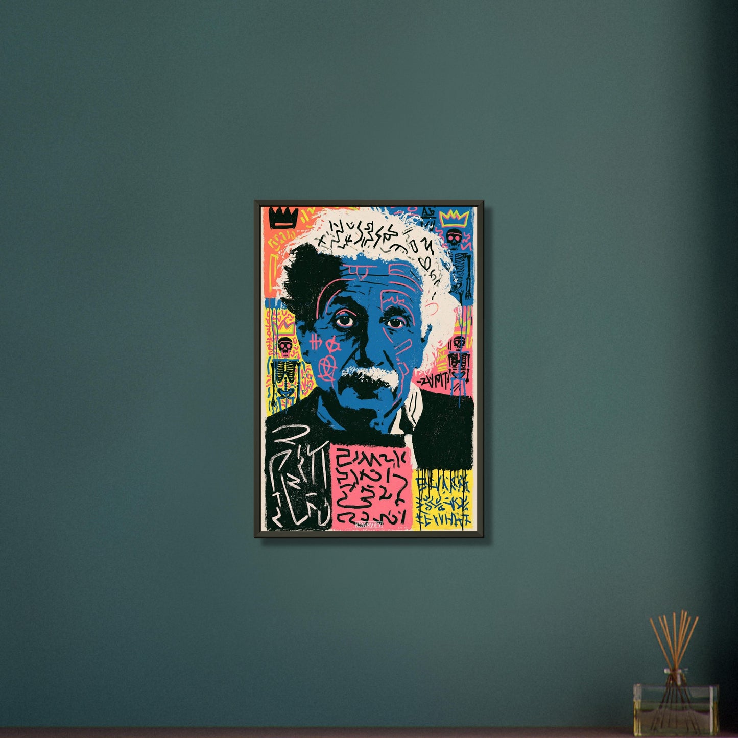 Albert Einstein Portrait im Pop Art Stil von Andy Warhol auf einem Poster im Metallrahmen
