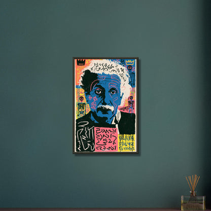Albert Einstein Portrait im Pop Art Stil von Andy Warhol auf einem Poster im Metallrahmen