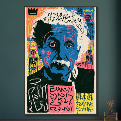 Albert Einstein Portrait im Pop Art Stil von Andy Warhol auf einem Poster im Metallrahmen