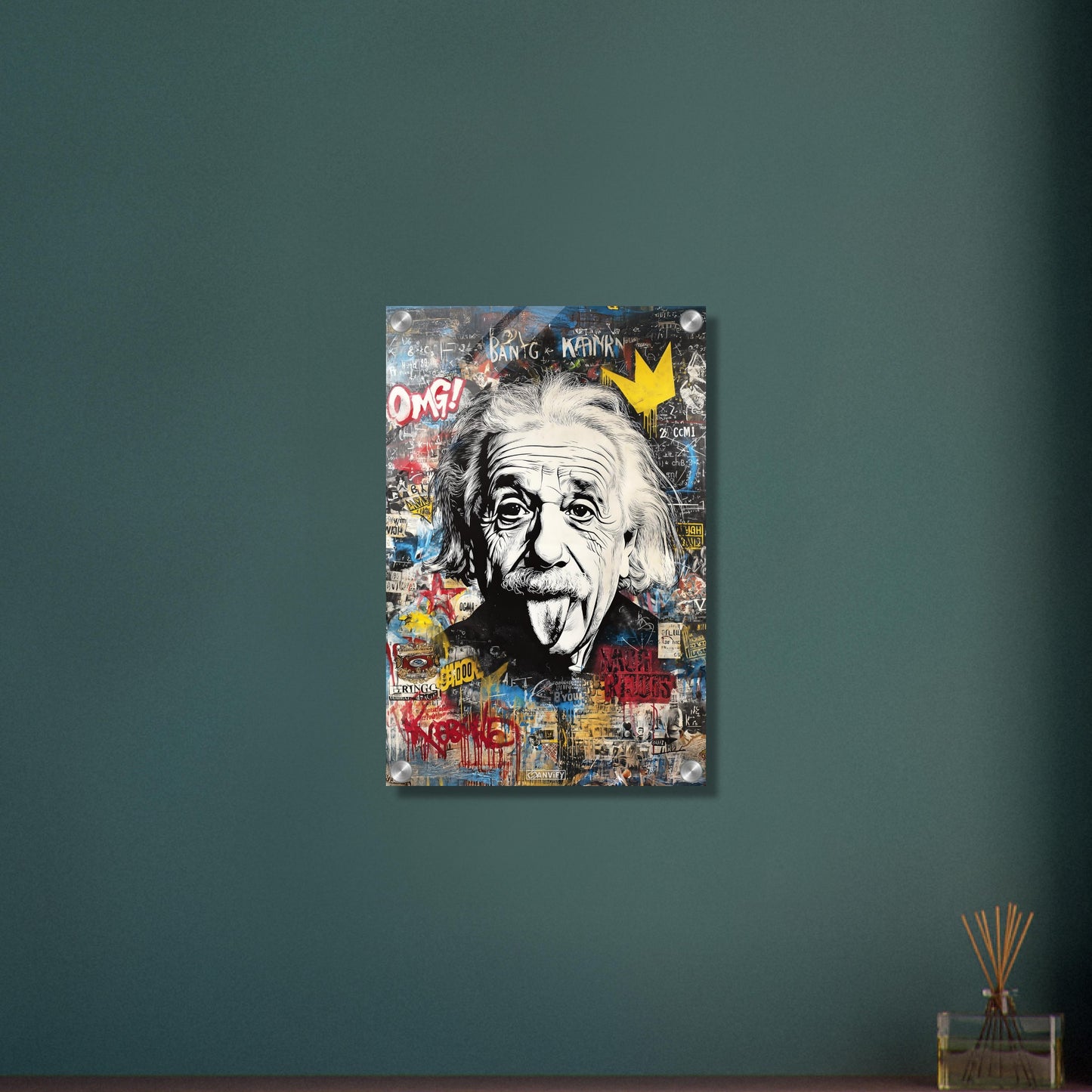 Albert Einstein zeigt Zunge Portrait im Pop Art Stil auf einem Acrylbild
