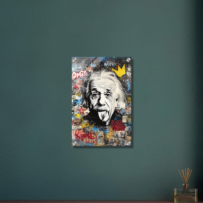 Albert Einstein zeigt Zunge Portrait im Pop Art Stil auf einem Acrylbild