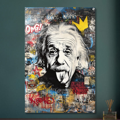 Albert Einstein zeigt Zunge Portrait im Pop Art Stil auf einem Acrylbild