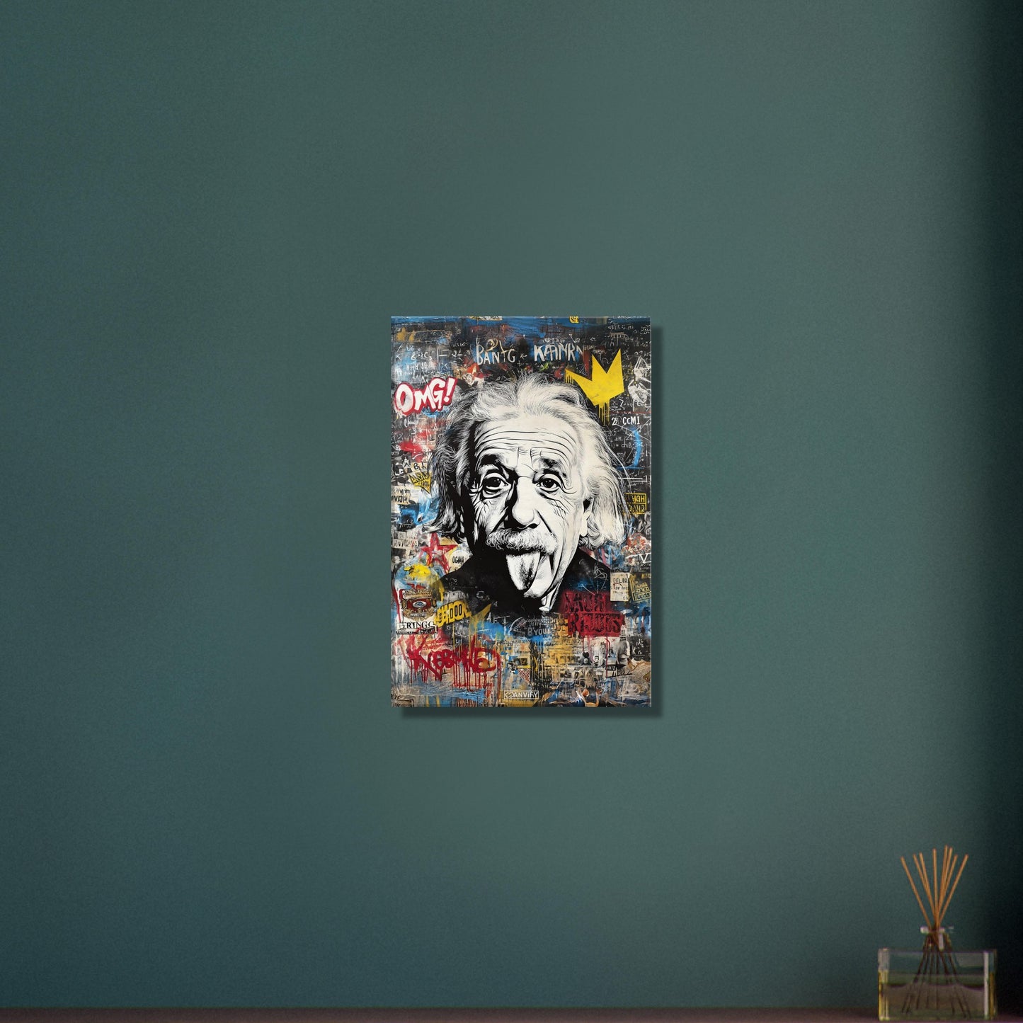 Albert Einstein zeigt Zunge Portrait im Pop Art Stil auf einer Leinwand