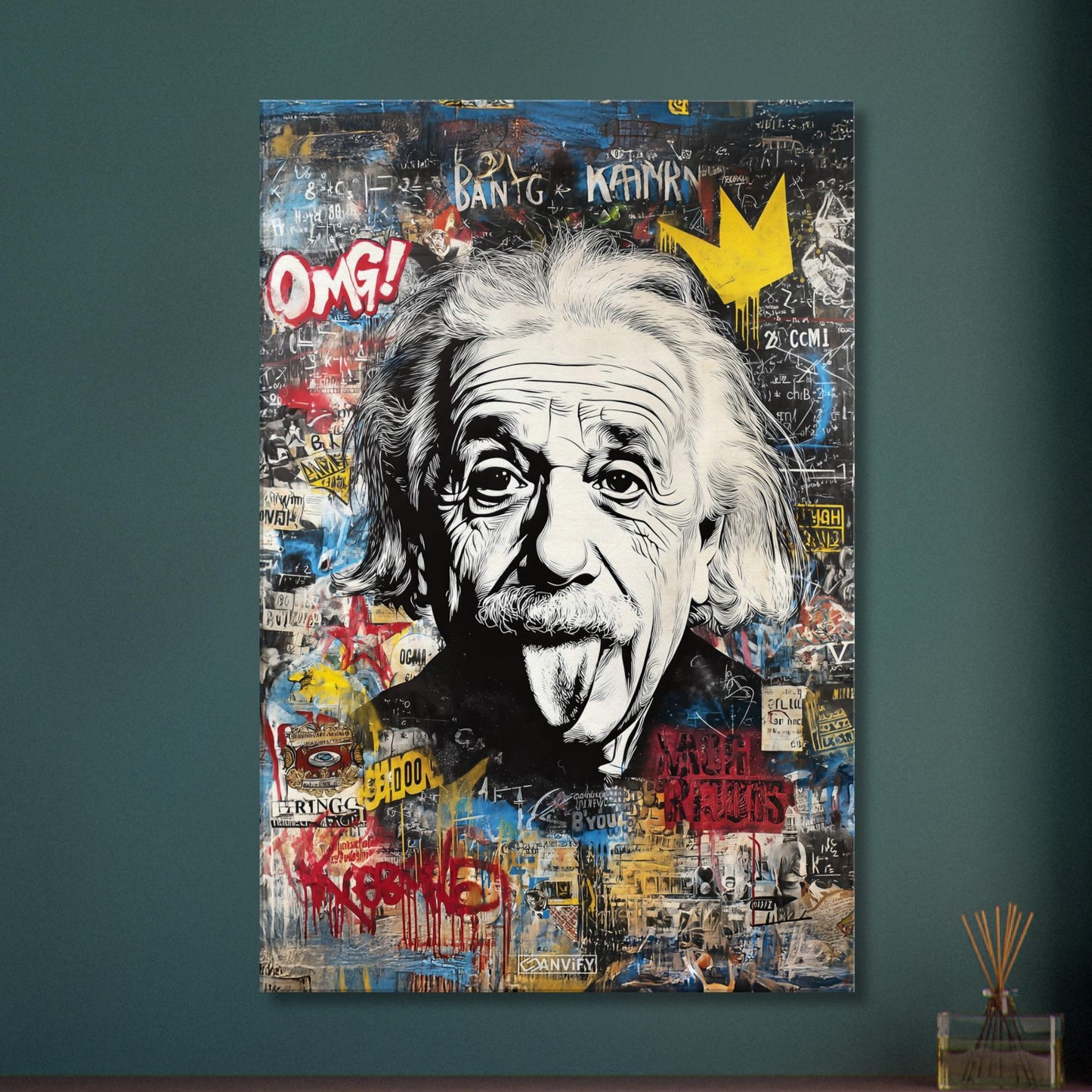 Albert Einstein zeigt Zunge Portrait im Pop Art Stil auf einer Leinwand