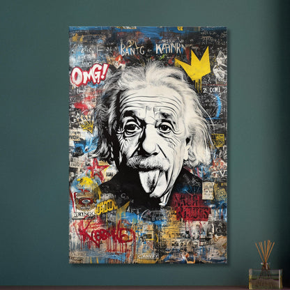 Albert Einstein zeigt Zunge Portrait im Pop Art Stil auf einer Leinwand