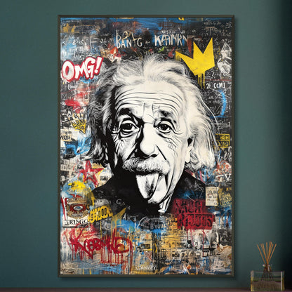 Albert Einstein zeigt Zunge Portrait im Pop Art Stil auf einem Poster im Metallrahmen