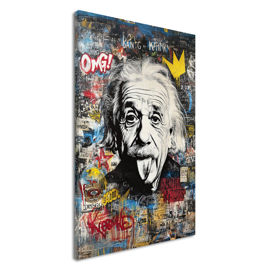 Albert Einstein zeigt Zunge Portrait im Pop Art Stil auf einer Leinwand