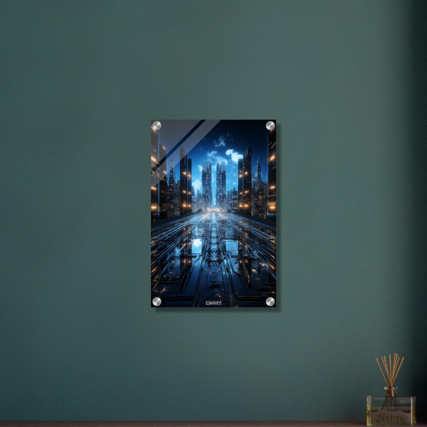 Futuristische Stadt mit Wolkenkratzern auf einem Exoplaneten auf einem Acrylbild