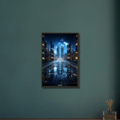 Futuristische Stadt mit Wolkenkratzern auf einem Exoplaneten auf einem Poster im Metallrahmen