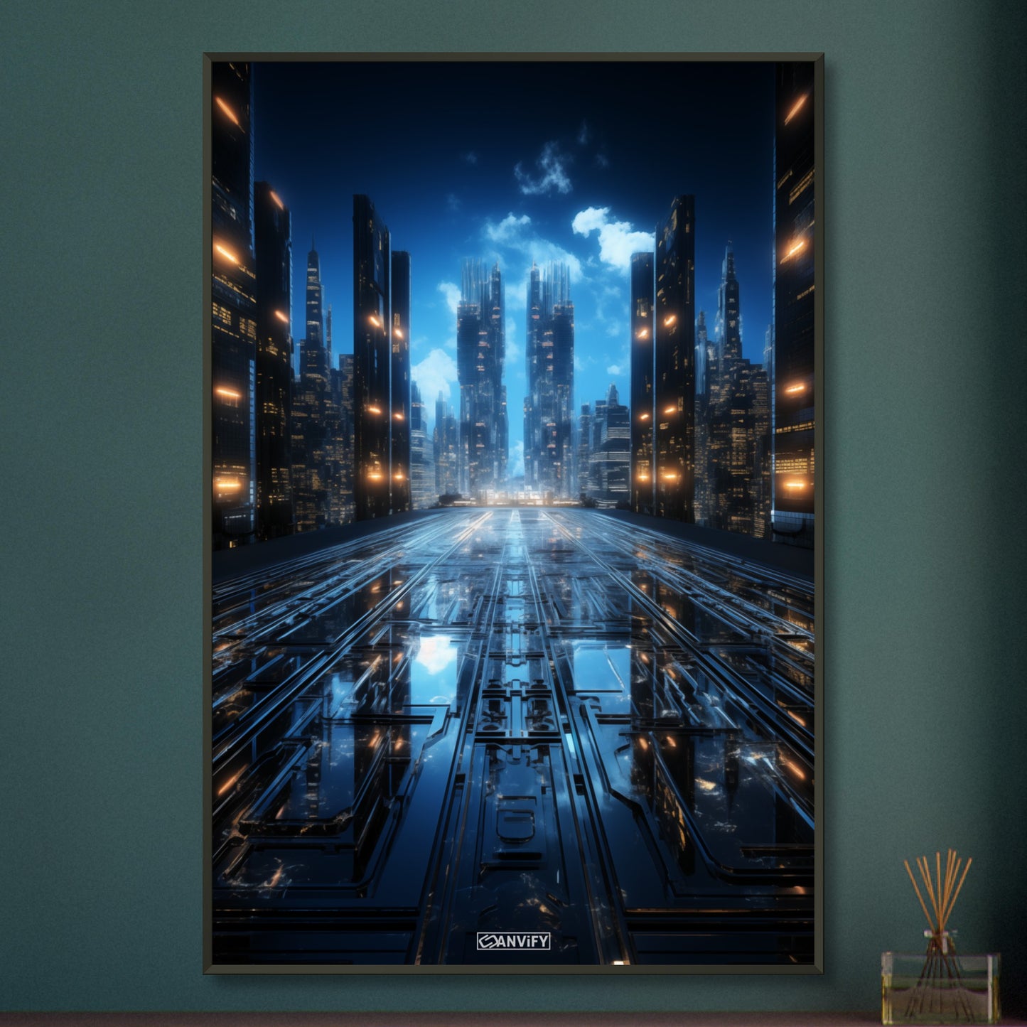 Futuristische Stadt mit Wolkenkratzern auf einem Exoplaneten auf einem Poster im Metallrahmen