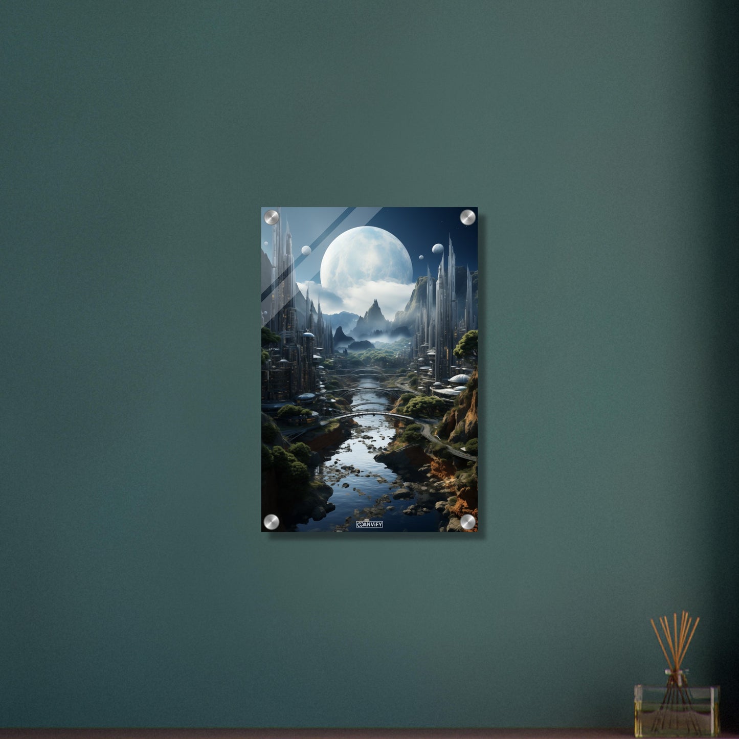Alien Stadt auf fremden Planeten und einem großen Exoplaneten mit mehreren kleinen Monden auf einem Acrylbild