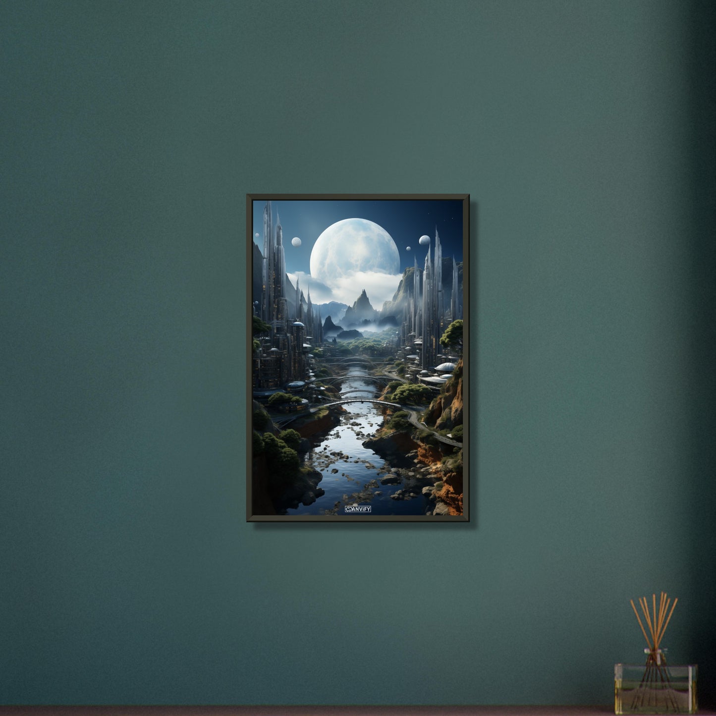 Alien Stadt auf fremden Planeten und einem großen Exoplaneten mit mehreren kleinen Monden auf einem Poster im Metallrahmen