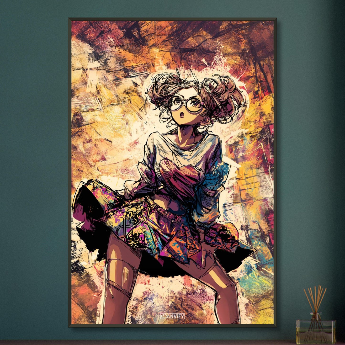 Tanzendes Anime Mädchen im Modern Art Stil auf einem Poster im Metallrahmen