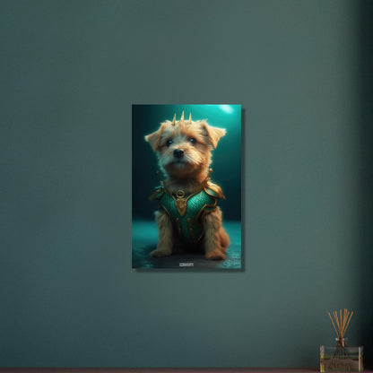 Yorkshire Terrier im Superhelden Kostüm von Aquaman auf Aluminium