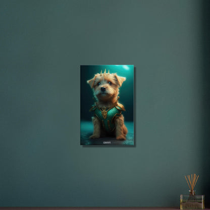 Yorkshire Terrier im Superhelden Kostüm von Aquaman auf einer Leinwand