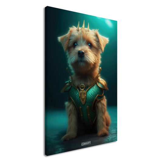 Yorkshire Terrier im Superhelden Kostüm von Aquaman auf einer Leinwand