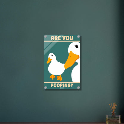 Zwei Enten im Retro-Stil mit schiefem Blick und einem Spruch 'Are You Pooping' auf einem Acrylbild
