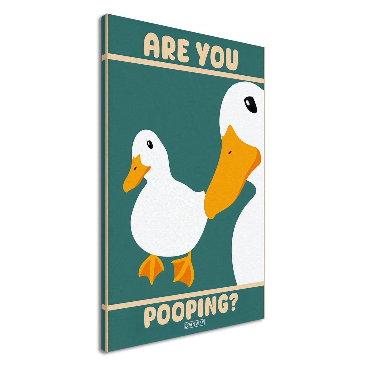 Zwei Enten im Retro-Stil mit schiefem Blick und einem Spruch 'Are You Pooping' auf einer Leinwand