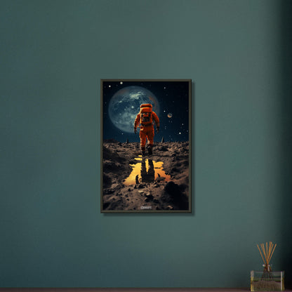Neil Armstrong erkundet einen fremden Mond als erster Mensch auf einem Poster im Metallrahmen