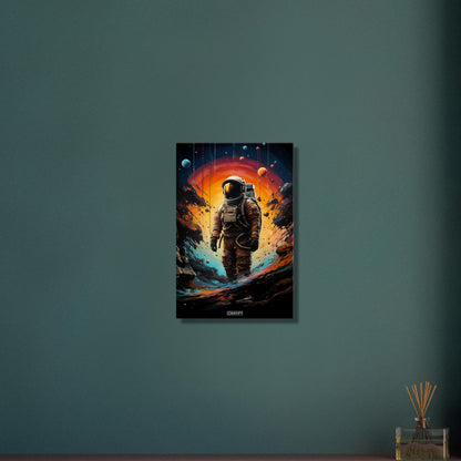 Neil Armstrong im Raumanzug malerisch dargestellt, stehend auf einem neuen Planeten auf einer Leinwand