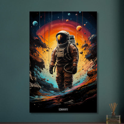 Neil Armstrong im Raumanzug malerisch dargestellt, stehend auf einem neuen Planeten auf einer Leinwand