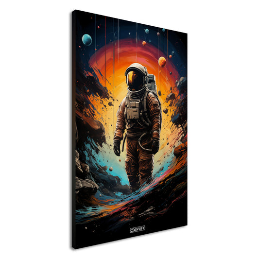Neil Armstrong im Raumanzug malerisch dargestellt, stehend auf einem neuen Planeten auf einer Leinwand