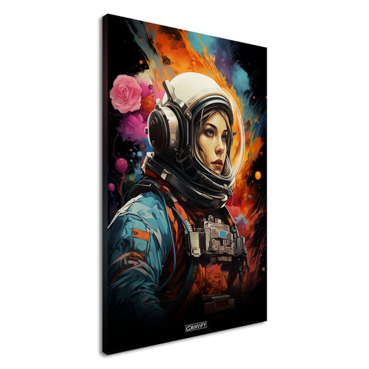 Sandra Bullock aus dem Film Gravity im Raumanzug schwebend im Weltall malerisch dargestellt auf einer Leinwand