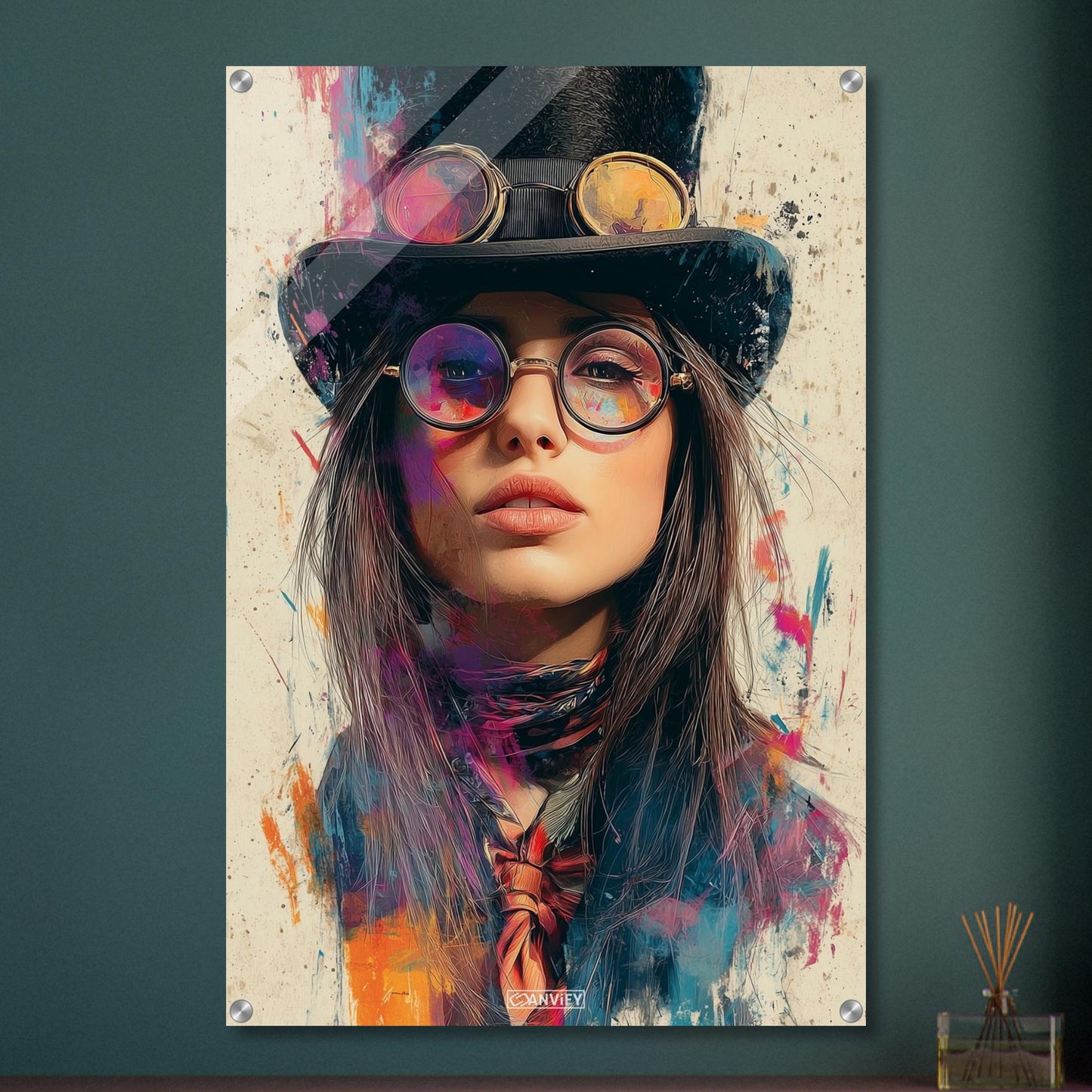 Schöne Frau im Steampunk-Stil auf einem Acrylbild