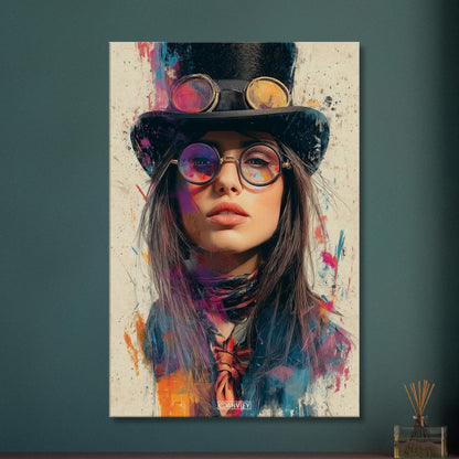 Schöne Frau im Steampunk-Stil auf einer Leinwand