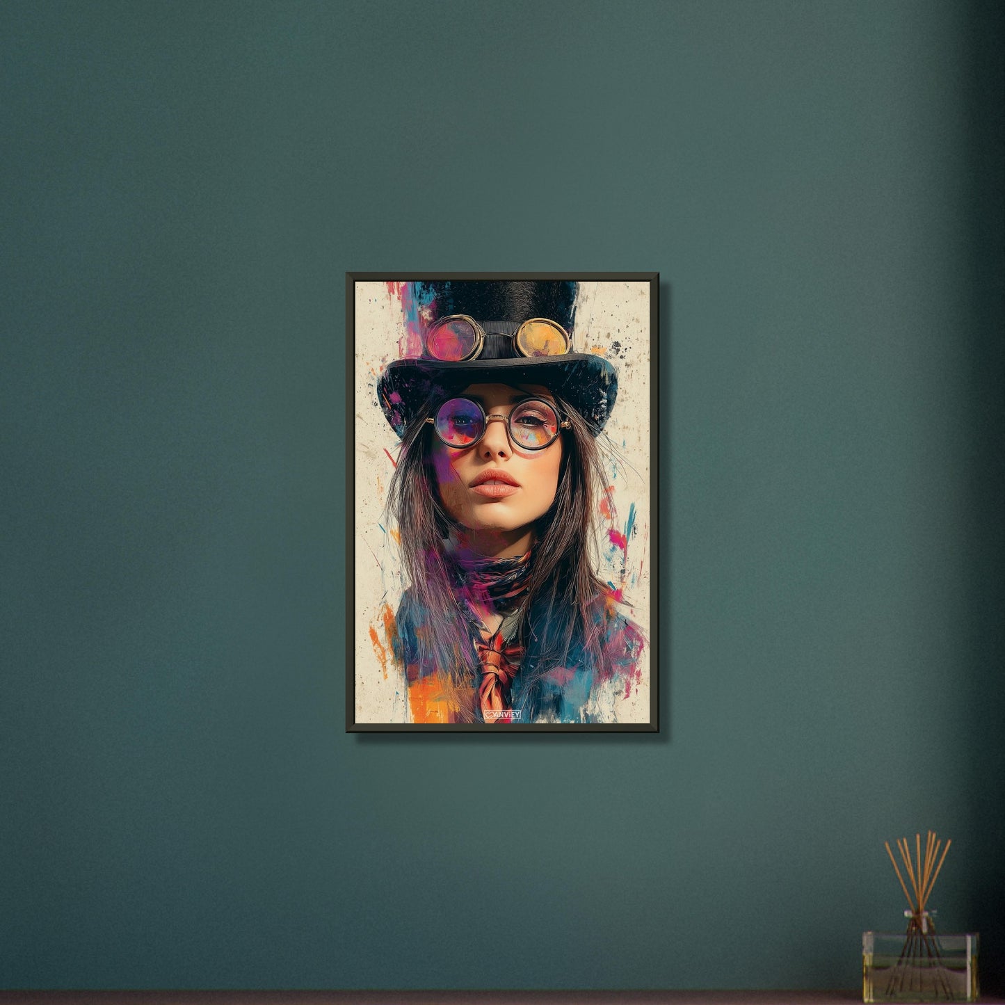 Schöne Frau im Steampunk-Stil auf einem Poster im Metallrahmen