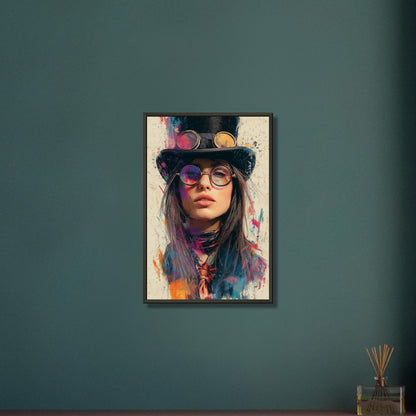 Schöne Frau im Steampunk-Stil auf einem Poster im Metallrahmen