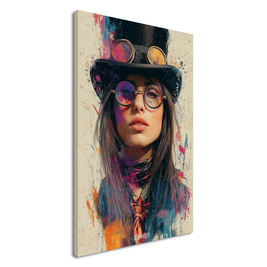 Schöne Frau im Steampunk-Stil auf einer Leinwand