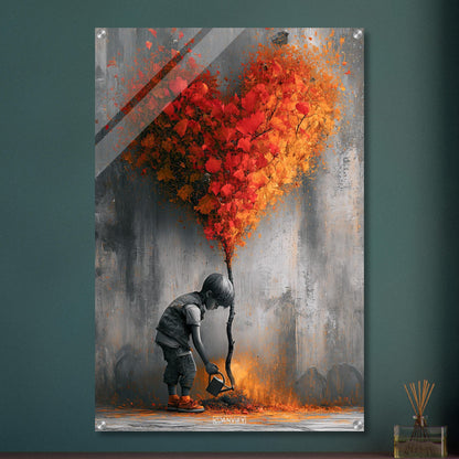Junge im Banksy Stil gießt einen Baum mit Herzform auf einem Acrylbild