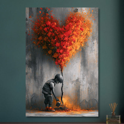 Junge im Banksy Stil gießt einen Baum mit Herzform auf Aluminium